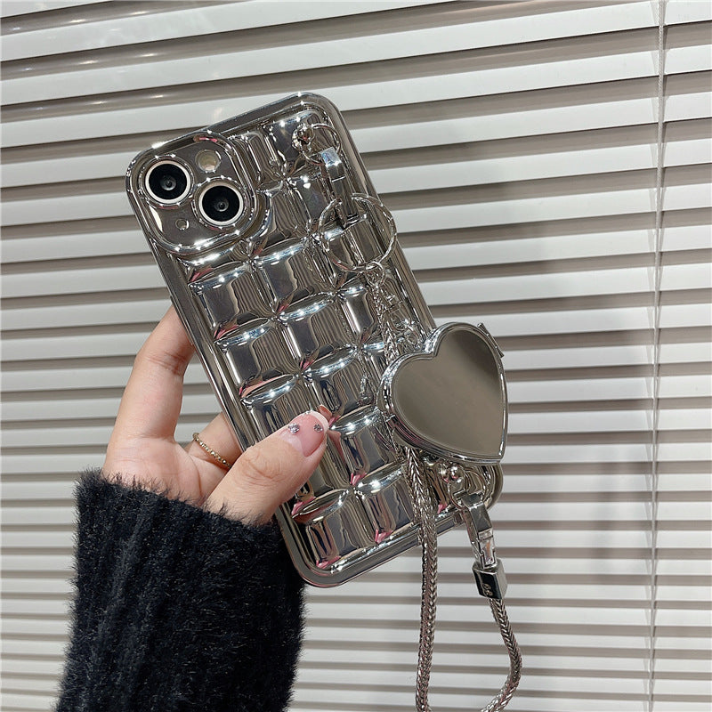 Electroplating Phone Case for iPhone 14 Plus Plaid Design TPU Cover with Heart Shaped Mirror and Chain Electroplating Phone Case for iPhone 14 Plus Plaid Design TPU Cover with Heart Shaped Mirror and Chain
